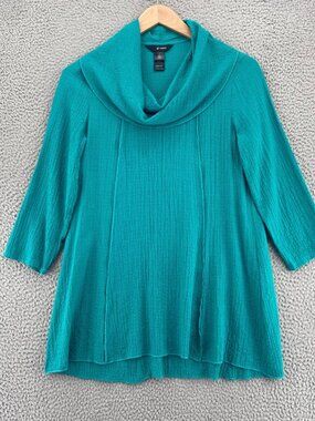 Ali Miles Top Womens Small Turquoise Crepe Long Sleeve Tunic Stretch Cowl Neck
